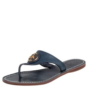 Pre Owned Tory Burch Navy Blue Leather Thong Sandals Size 36.5