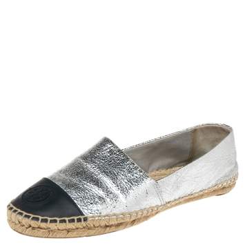 Pre Owned Tory Burch Silver/Black Leather  Cap Toe Flat Espadrilles Size 39.5