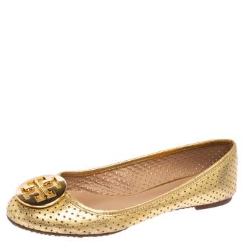 Pre Owned Tory Burch Gold Leather Reva Ballet Flats Size 40.5