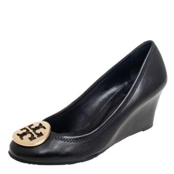 Pre Owned Tory Burch Black Leather Chelsea Wedge Pumps Size 37