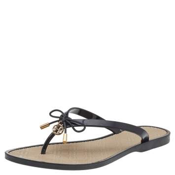 Pre Owned Tory Burch Black Rubber Bow Thong Flats Size 39