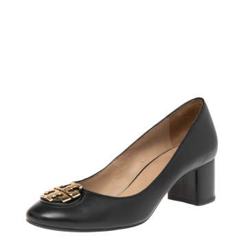 Pre Owned Tory Burch Black Leather Janey Block Heel Pumps Size 37