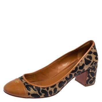مملوكة مسبقًا Tory Burch Brown/Beige Leopard Print Woven and Leather Raffia Ethel Block Heel Pumps Size 39