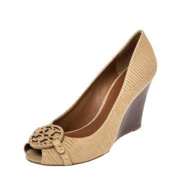 Pre Owned Tory Burch Cream Lizard Embossed Leather Julianne Wedge Pumps Size 39