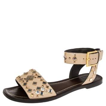 Pre Owned Tory Burch Cream Leather Kingsbridge Embellished Flat Sandals Size 38.5