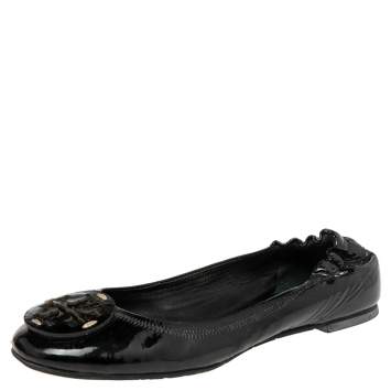 Pre Owned Tory Burch Black Patent  Reva Scrunch Ballet Flats Size 37.5