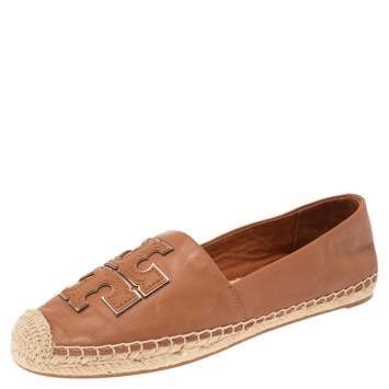 Pre Owned Tory Burch Brown Leather Logo Trim Espadrilles Loafers Size 37