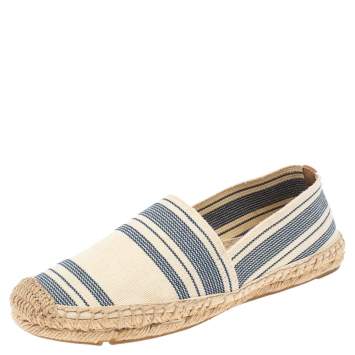 Pre Owned Tory Burch Cream/Blue Striped Canvas Espadrilles Loafers Size 36.5