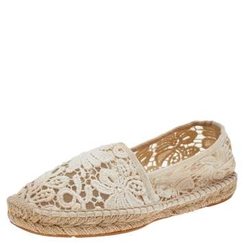 Pre Owned Tory Burch White Lace Espadrille Flats Size 37.5