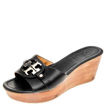 Pre Owned Tory Burch Black Leather Patty Wedge Slide Sandals Size 37