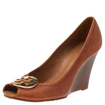 Pre Owned Tory Burch Tan Leather Sally Peep Toe Wedge Pumps Size 38