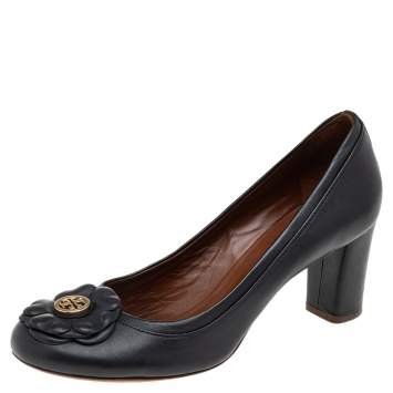 Pre Owned Tory Burch Black Leather Shelby Floral Block Heel Pumps Size 39
