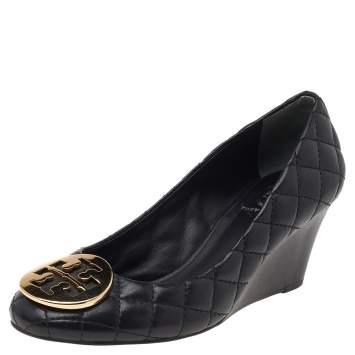 Pre Owned Tory Burch Black Quilted Leather Reva Wedge Pumps Size 35.5