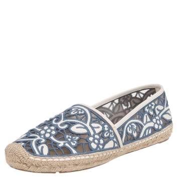 Pre Owned Tory Burch Blue-White Floral Cut Out Lace And Leather Espadrille Flats Size 40
