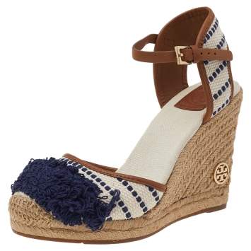 Pre Owned Tory Burch White/Blue Canvas And Leather Wedge Espadrille Ankle Strap Sandals Size 38.5
