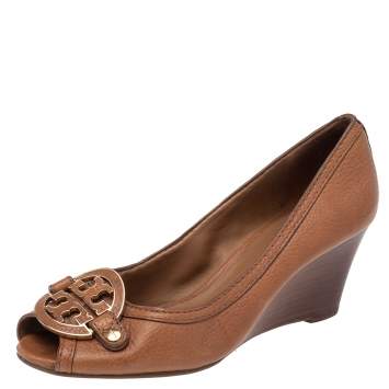 Pre Owned Tory Burch Brown Leather Julianne Peep Toe Wedge Pumps Size 38