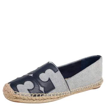 Pre Owned Tory Burch Blue/White Canvas And Leather Poppy Logo Espadrilles Size 37