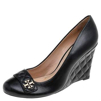 Pre Owned Tory Burch Black Leather Leila Quilted Heel Wedge Pumps Size 39.5