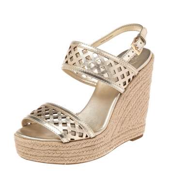 Pre Owned Tory Burch Shimmery Gold Laser Cut Leather Nori Cork Wedges Espadrille Sandals Size 37.5