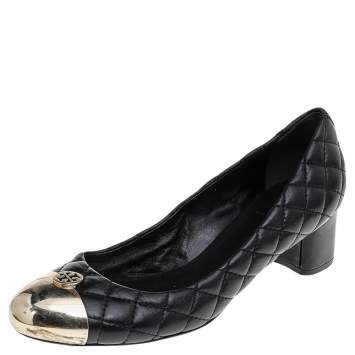 Pre Owned Tory Burch Black Quilted Leather Kaitlin Metal Cap Toe Block Heel Pumps Size 39