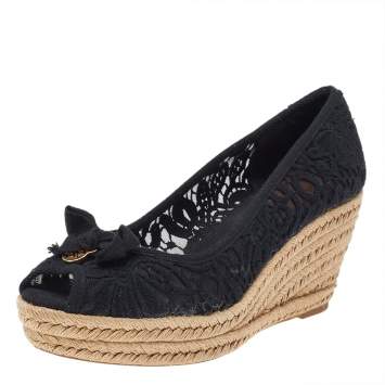 Pre Owned Tory Burch Black Lace And Canvas Trim Bow Platform Wedge Espadrille Pumps Size 39