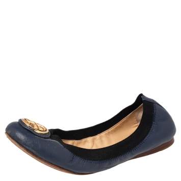 Pre Owned Tory Burch Navy Blue Leather Scrunch Ballet Flats Size 37