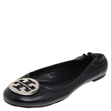 Pre Owned Tory Burch Black Leather Minnie Travel Logo Ballet Flats Size 38.5