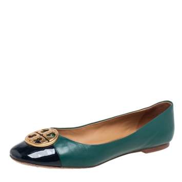 Pre Owned Tory Burch Green/Black Leather And Patent Leather Cap Toe Ballet Flats Size 39
