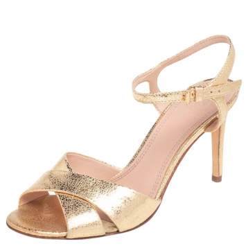 Pre Owned Tory Burch Gold Leather Criss Cross Ankle Strap Sandals Size 37.5