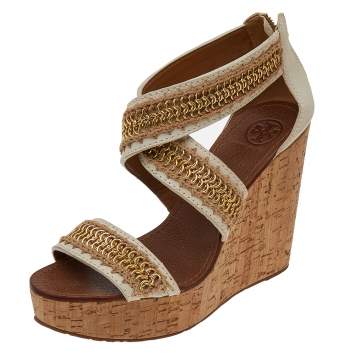 Pre Owned Tory Burch Off White Leather And Jute Chain Link Wedge Platform Sandals Size 39.5