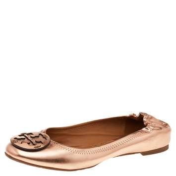 Pre Owned Tory Burch Rose Gold Leather Minnie Scrunch Ballet Flats Size 39