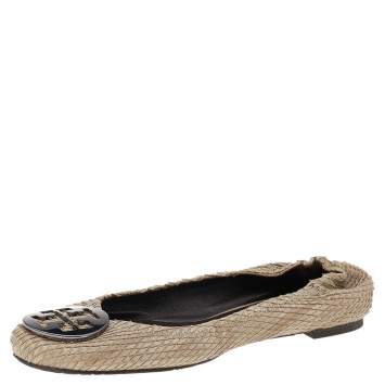 Pre Owned Tory Burch Beige Python Embossed Leather Minnie Scrunch Ballet Flats Size 38.5