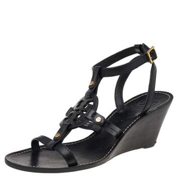 Pre Owned Tory Burch Black Leather Miller Logo Wedge Ankle Strap Sandals Size 38.5