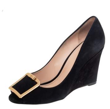 Pre Owned Tory Burch Black Suede Peep Toe Wedge Pumps Size 38