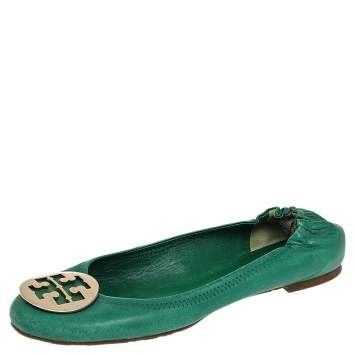 Pre Owned Tory Burch Green Leather Reva Scrunch Ballet Flats Size 38.5