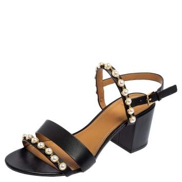 Pre Owned Tory Burch Black Leather Emmy Pearl Ankle Strap Sandals Size 39