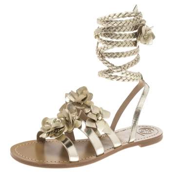 Pre Owned Tory Burch Pale Gold Leather Blossom Floral Embellished Gladiator Sandals Size 39