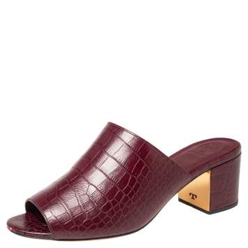 Pre Owned Tory Burch Burgundy Croc Embossed Leather Salinas Peep Toe Sandals Size 38