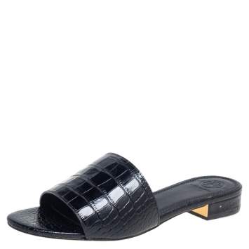 Pre Owned Tory Burch Black Croc Embossed Leather Martine Slide Sandals Size 37.5