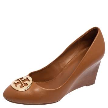 Pre Owned Tory Burch Brown Leather Sophie Embellished Wedge Pumps Size 37.5