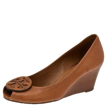 Pre Owned Tory Burch Brown Leather Peep Toe Wedge Pumps Size 38.5
