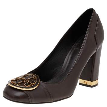 Pre Owned Tory Burch Brown Leather Block Heel Pumps Size 38