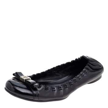 Pre Owned Tory Burch Black Leather Cap Toe Scrunch Ballet Flats Size 36
