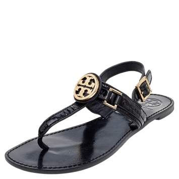 Pre Owned Tory Burch Black Patent Leather T Strap Flat Sandals Size 37.5