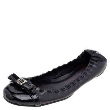 Pre Owned Tory Burch Black Leather And Patent Leather Cap Toe Ballet Flats Size 38