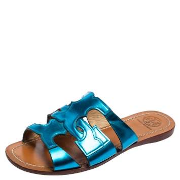 Pre Owned Tory Burch Metallic Blue Leather Flat Slide Sandals Size 37
