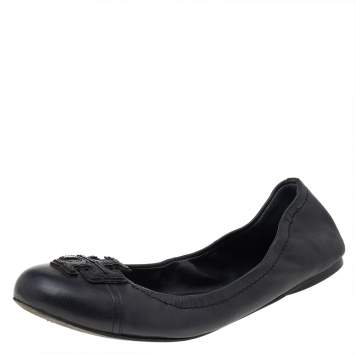 Pre Owned Tory Burch Black Leather Ballet Flats Size 39.5