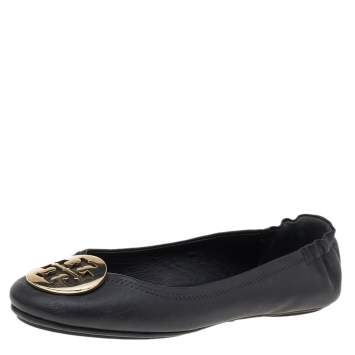 Pre Owned Tory Burch Black Leather Minnie Scrunch Ballet Flats Size 37