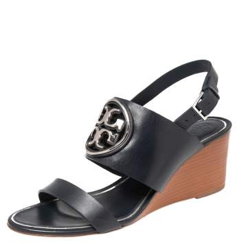 Pre Owned Tory Burch Navy Blue Leather Miller Logo Wedge Ankle Strap Sandals Size 39