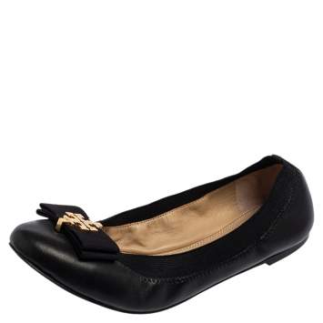 Pre Owned Tory Burch Black Leather Bow Scrunch Ballet Flats Size 36.5